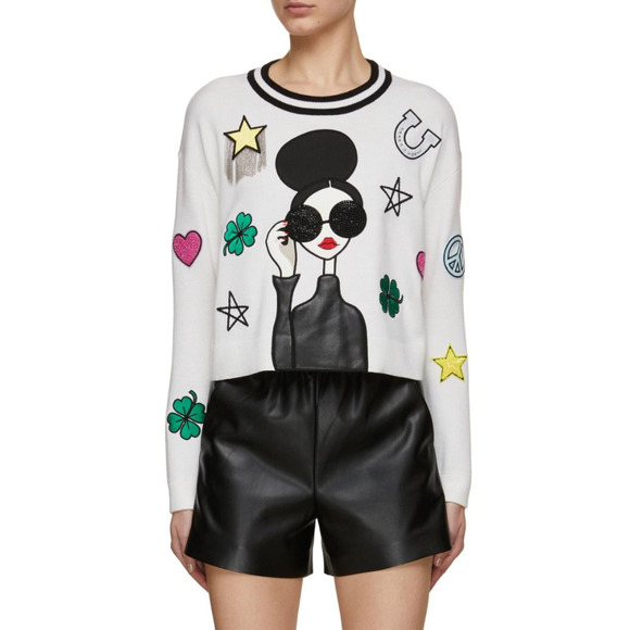Alice + Olivia Sweaters - Alice + Olivia Gleeson Stace Face Boxy Sweater with Crystal Embellishments L